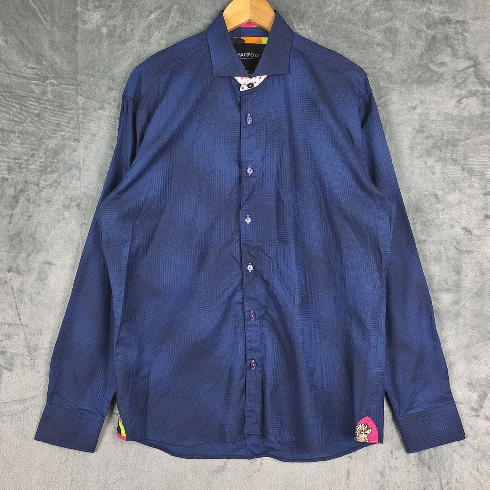 Maceoo Shirt 4 Large Blue Einstein Flip Cuff Button Down Preppy Italian Jacquard
